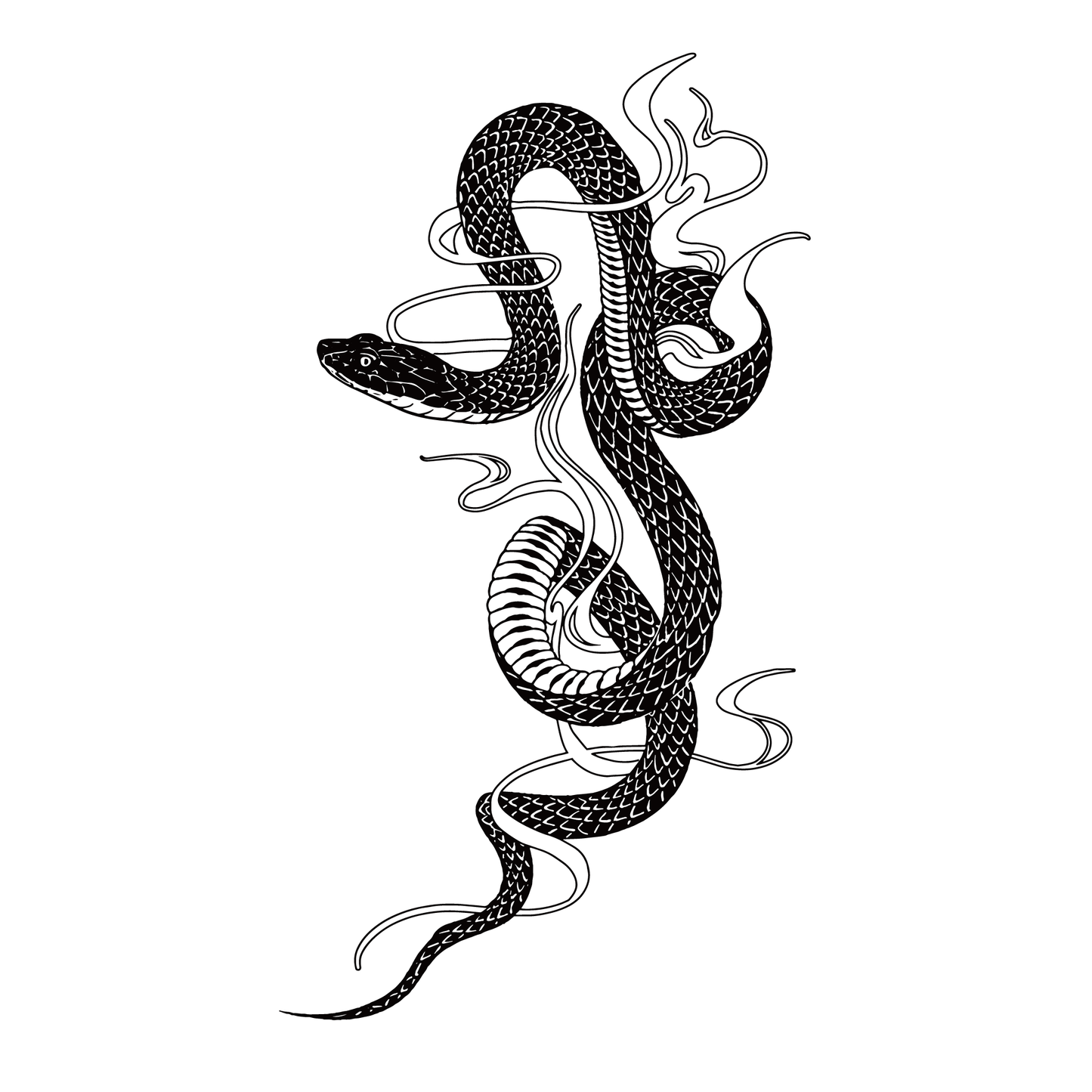 Black snake temporary tattoo design. Snake with flowing smoke-like details. SteezyInk temporary body art.