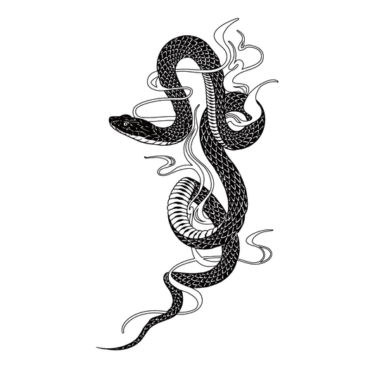 Black snake temporary tattoo design. Snake with flowing smoke-like details. SteezyInk temporary body art.