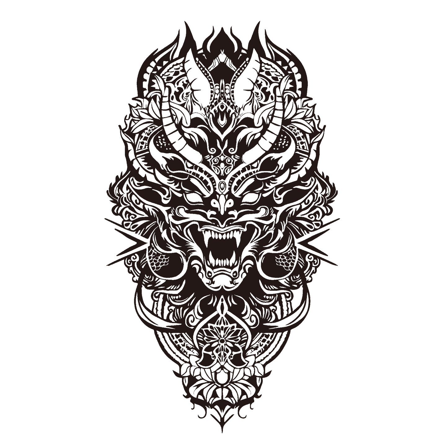 SteezyInk Horned Guardian Mandala Temporary Tattoo, demon mask design, black and white