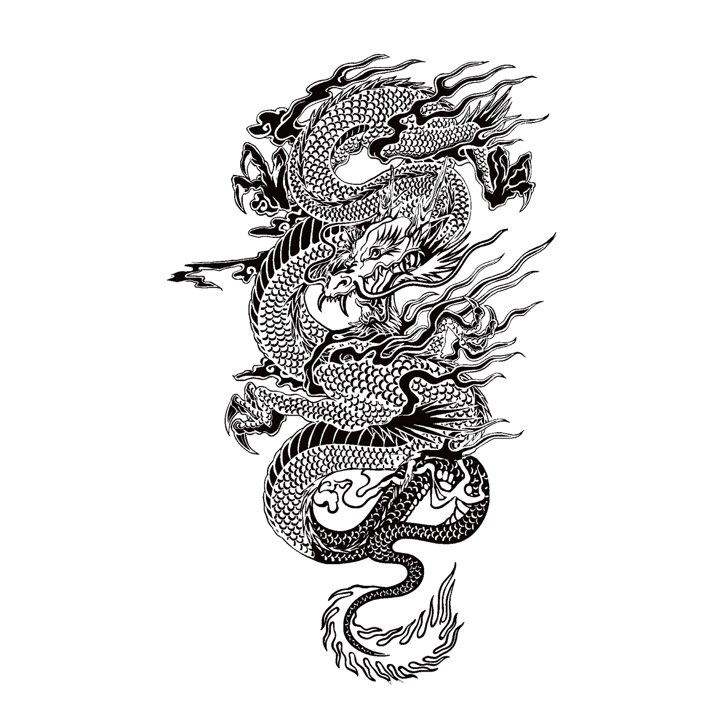 SteezyInk Fire Dragon Temporary Tattoo - Intricate dragon design with flames, black and white.