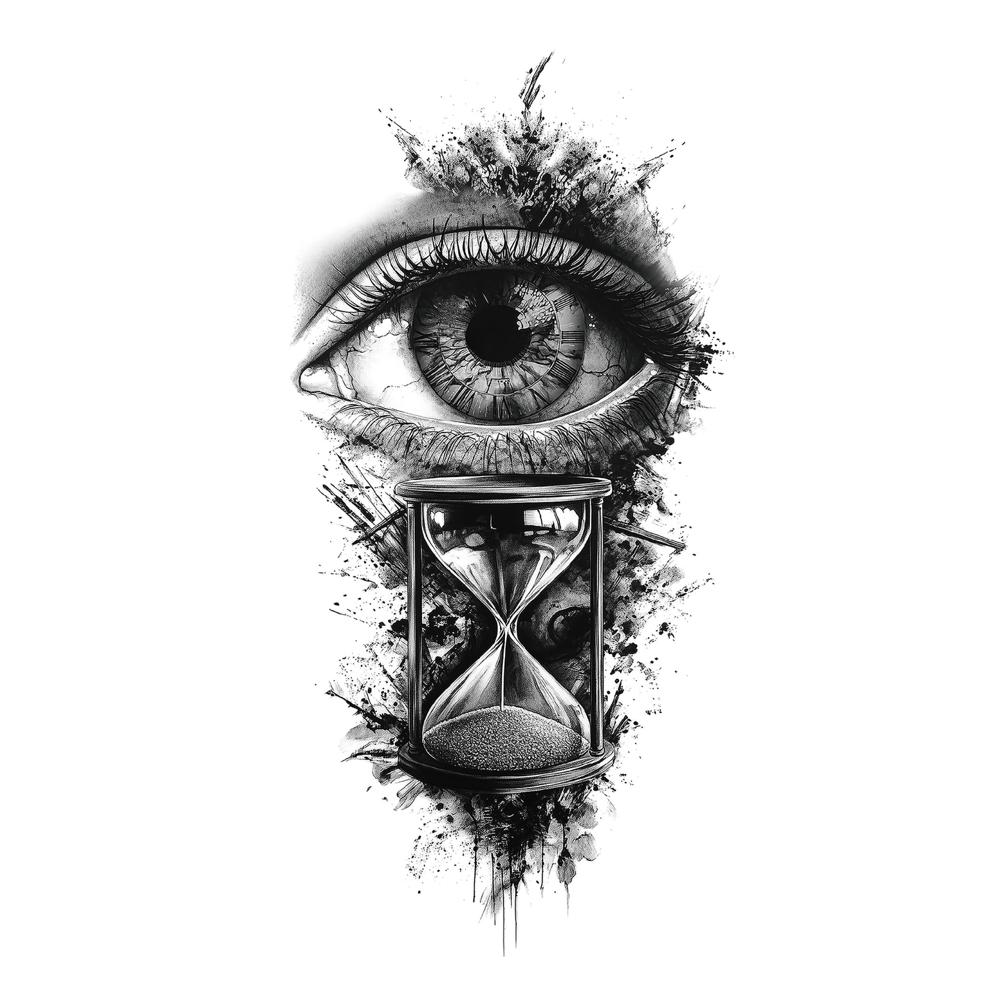 SteezyInk Timeless Vision Temporary Tattoo - Eye above hourglass design symbolizing time and reflection.