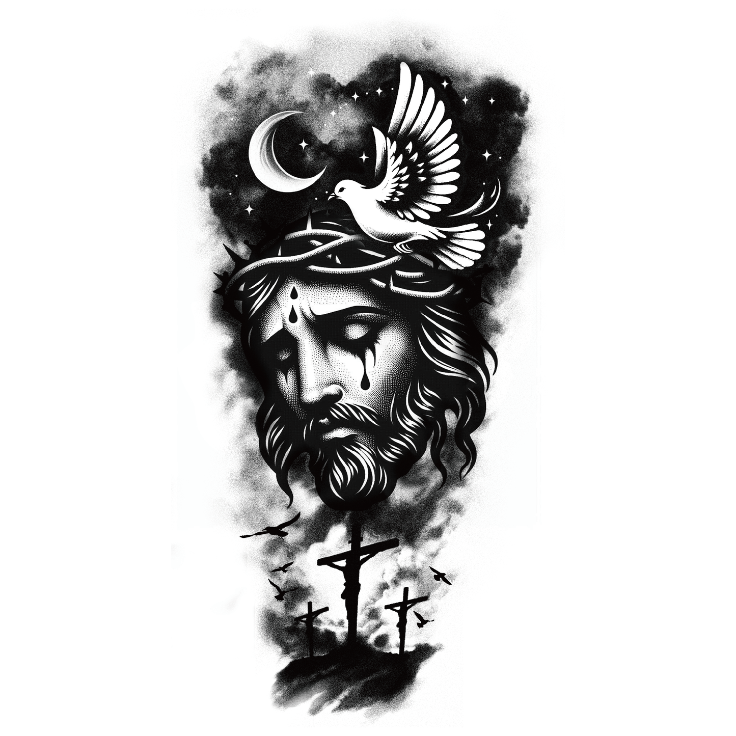 SteezyInk Divine Sacrifice Tattoo: Jesus Christ with crown of thorns, dove, moon, and crosses.
