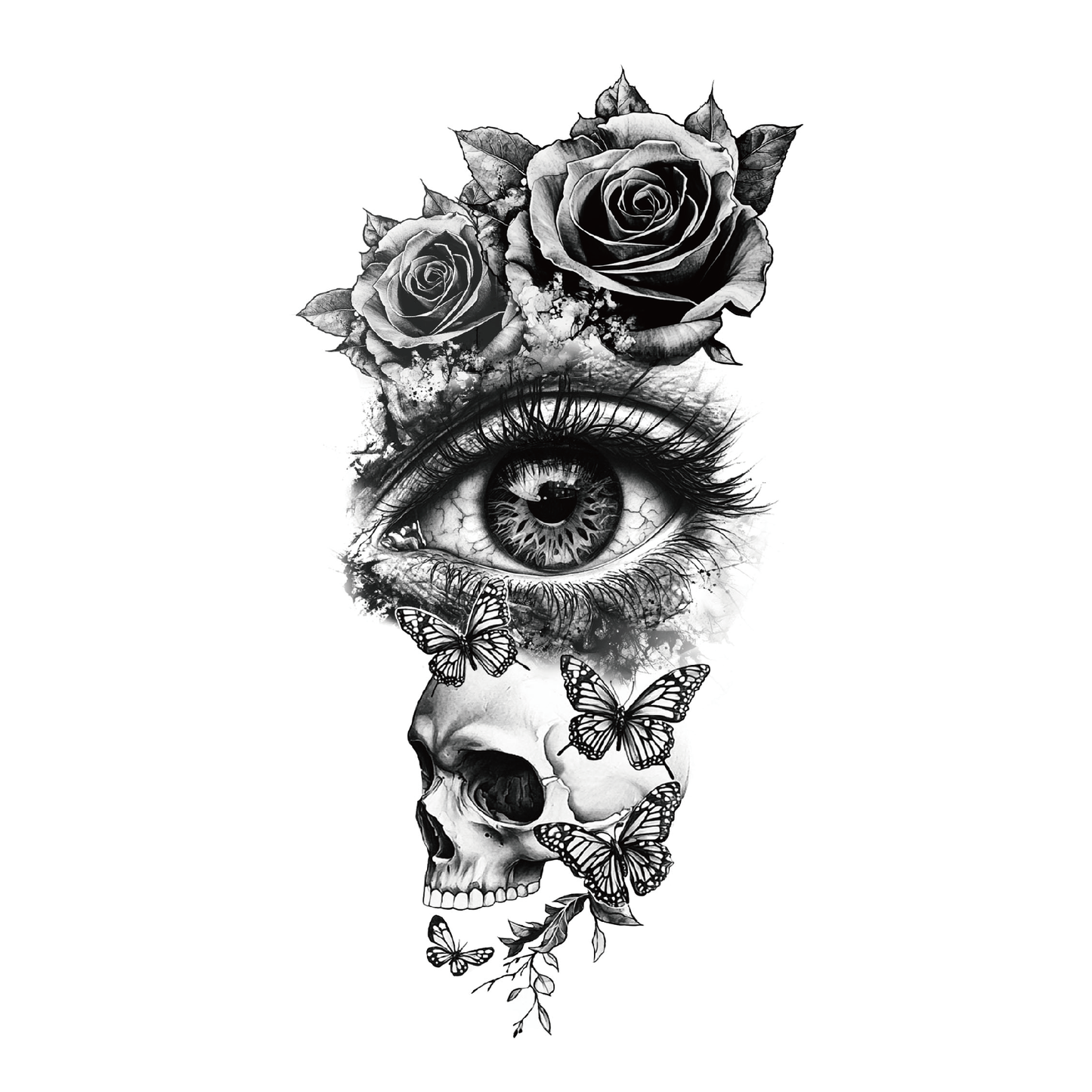 SteezyInk Eternal Bloom Temporary Tattoo featuring eye, roses, butterflies, and skull design, up to 2 weeks wear.