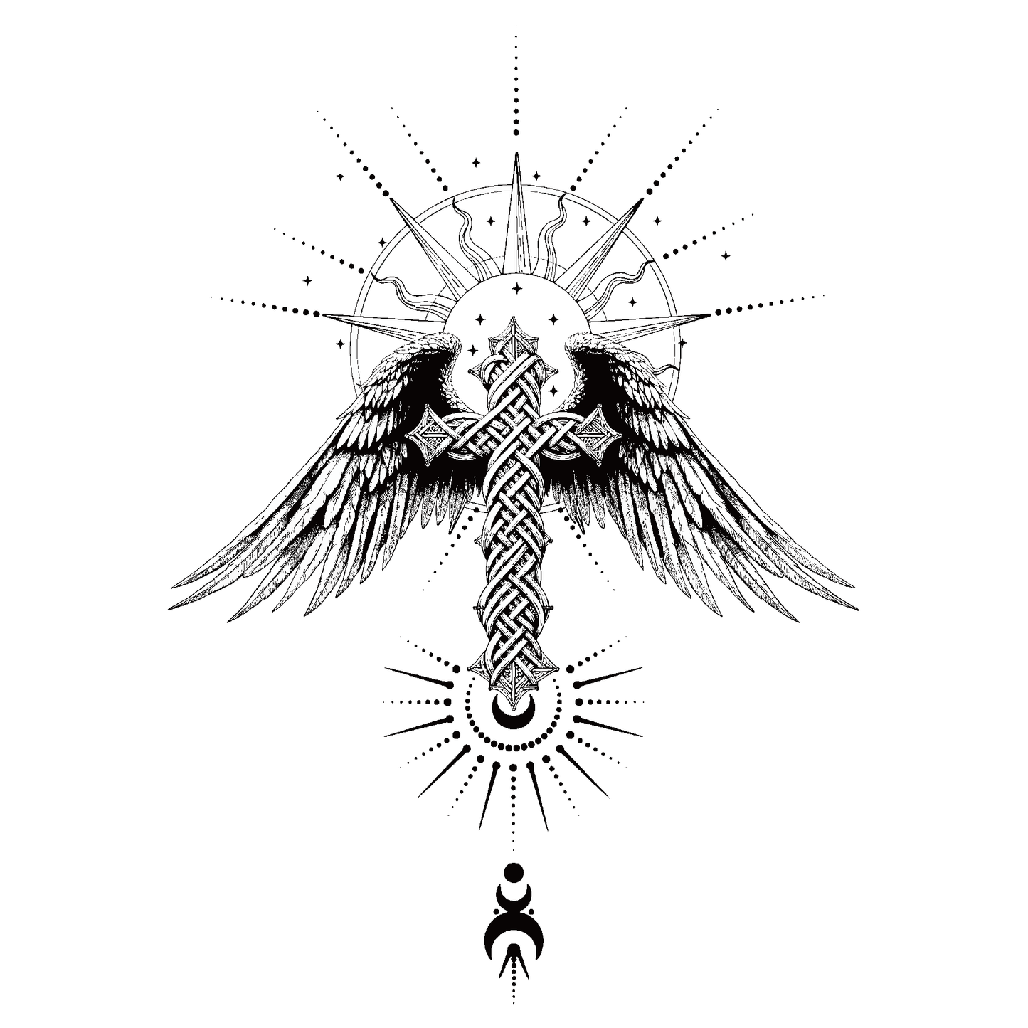 SteezyInk Celtic Cross Wings Temporary Tattoo. Black detailed design with Celtic cross, wings, sun rays