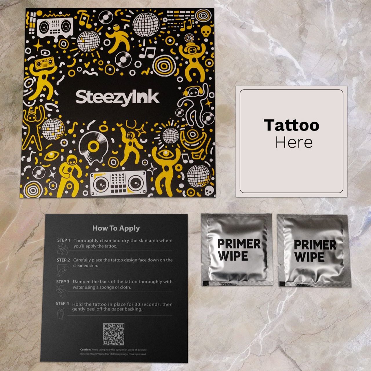 Heartbeats & Vinyl temporary tattoo product package with instructions, Pure Black Ink™.