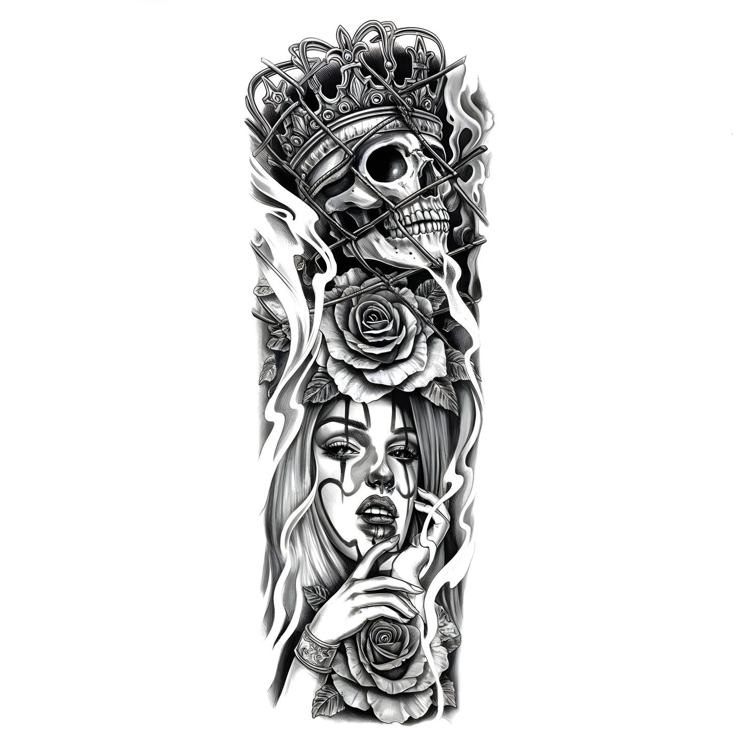 Crowned Skull & Roses Sleeve Temporary Tattoo | 6 x 18 inch