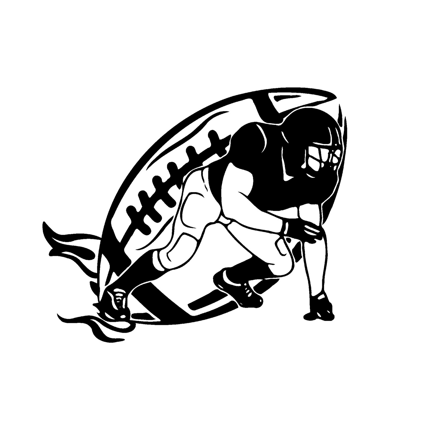 This temporary tattoo design features a stylized depiction of an American football player in an aggressive, ready-to-charge stance, framed by a dynamic football motif. The entire image is rendered in a striking black and white silhouette style, emphasizing shape and action over fine detail.
At the core of the design is the football player, captured in a classic "three-point stance" often seen at the line of scrimmage just before the snap. The player is leaning forward, with one hand on the ground and the o