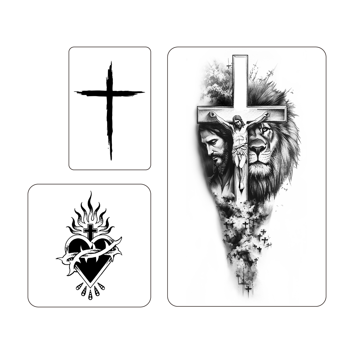 Religious Pack Temporary Tattoos: Black cross, Jesus on cross, and Sacred Heart with cross designs