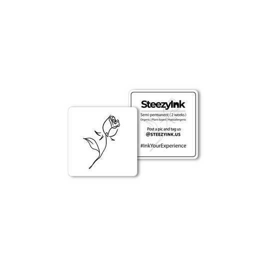 SteezyInk Young Rose temporary tattoo, black line art on white card, semi-permanent body art.