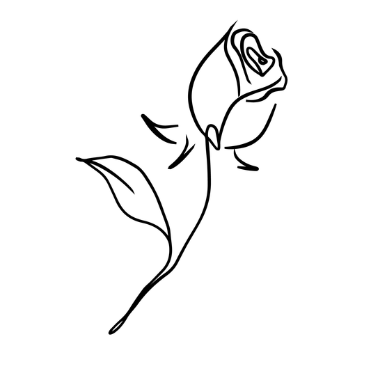 Young Rose Temporary Tattoo design, black line art of a rose on a white background, by SteezyInk