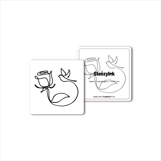 Rose and Dove temporary tattoo. Minimalist black rose and dove design, skin-safe, and made with Pure Black Ink™.
