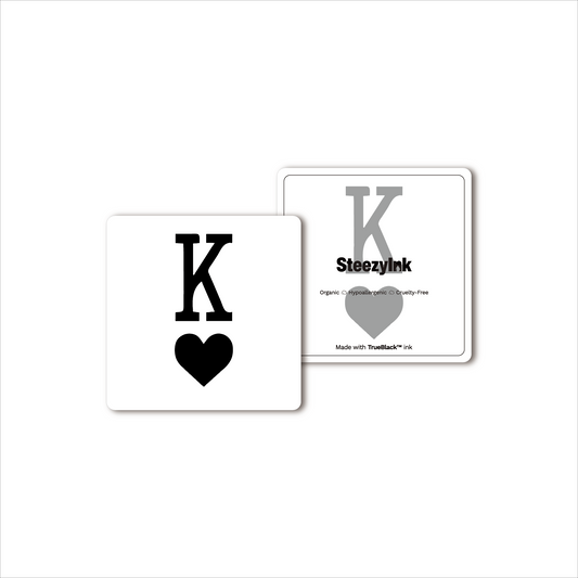 King of Hearts temporary tattoo, black and white, 1x1 inch, made with Pure Black Ink™