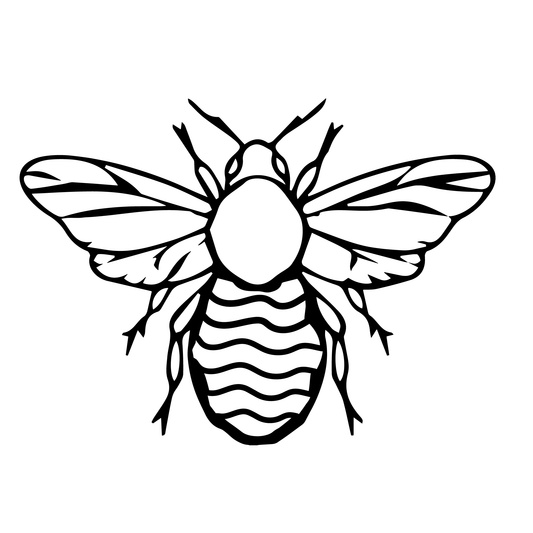 SteezyInk Buzzing Bee temporary tattoo design, black outline, 2x2 inch, representing community and nature.