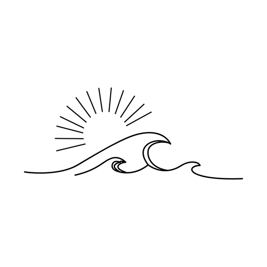 Sun Wave temporary tattoo design, black ink, 2x2 inch, symbolizing ocean and free spirit.