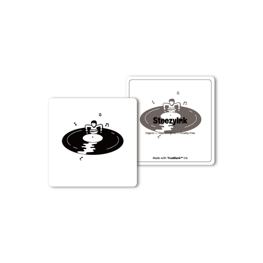 Immersed temporary tattoo, vinyl record design. Pure Black Ink™, skin-safe, for music lovers.