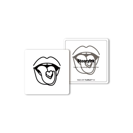 Euphoric Taste temporary tattoo design, heart-shaped pill on tongue, Pure Black Ink™, 1-2 week wear