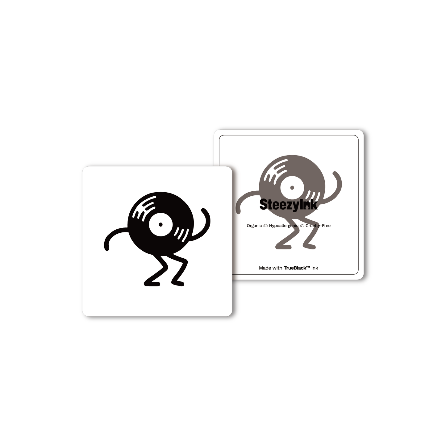SteezyInk Groovy Vinyl record temporary tattoo, black and gray dancing design, plant-based ink