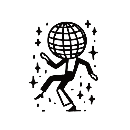 SteezyInk Disco Divo Temporary Tattoo - Dancing figure with disco ball head, embodying a fun and groovy design.