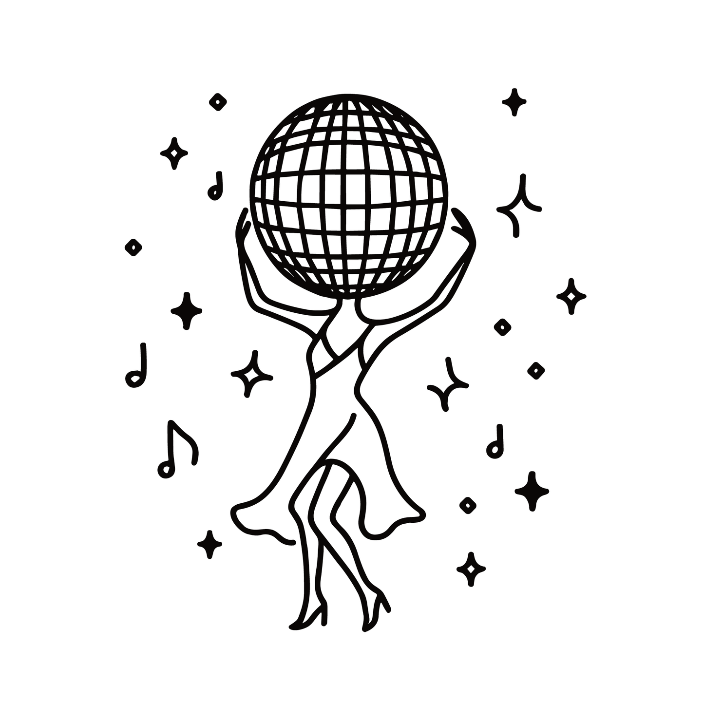 SteezyInk Disco Diva temporary tattoo design: Dancing figure with disco ball head and musical notes.