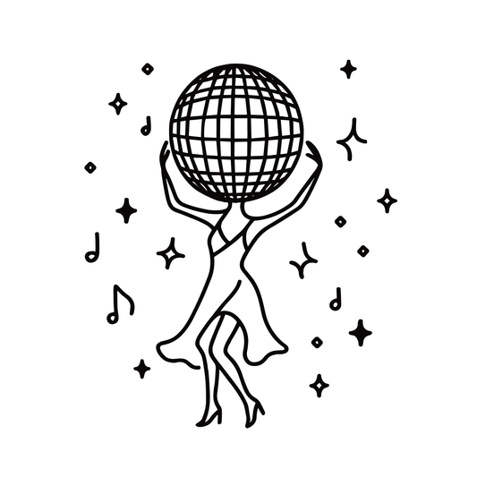 SteezyInk Disco Diva temporary tattoo design: Dancing figure with disco ball head and musical notes.