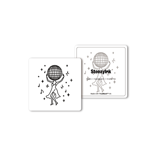Disco Diva temporary tattoo design, black ink, made with Pure Black Ink™. Disco ball head, dancing figure