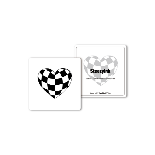 SteezyInk Checkered Heart 2x2 inch temporary tattoo design, featuring a black and white checkered pattern.