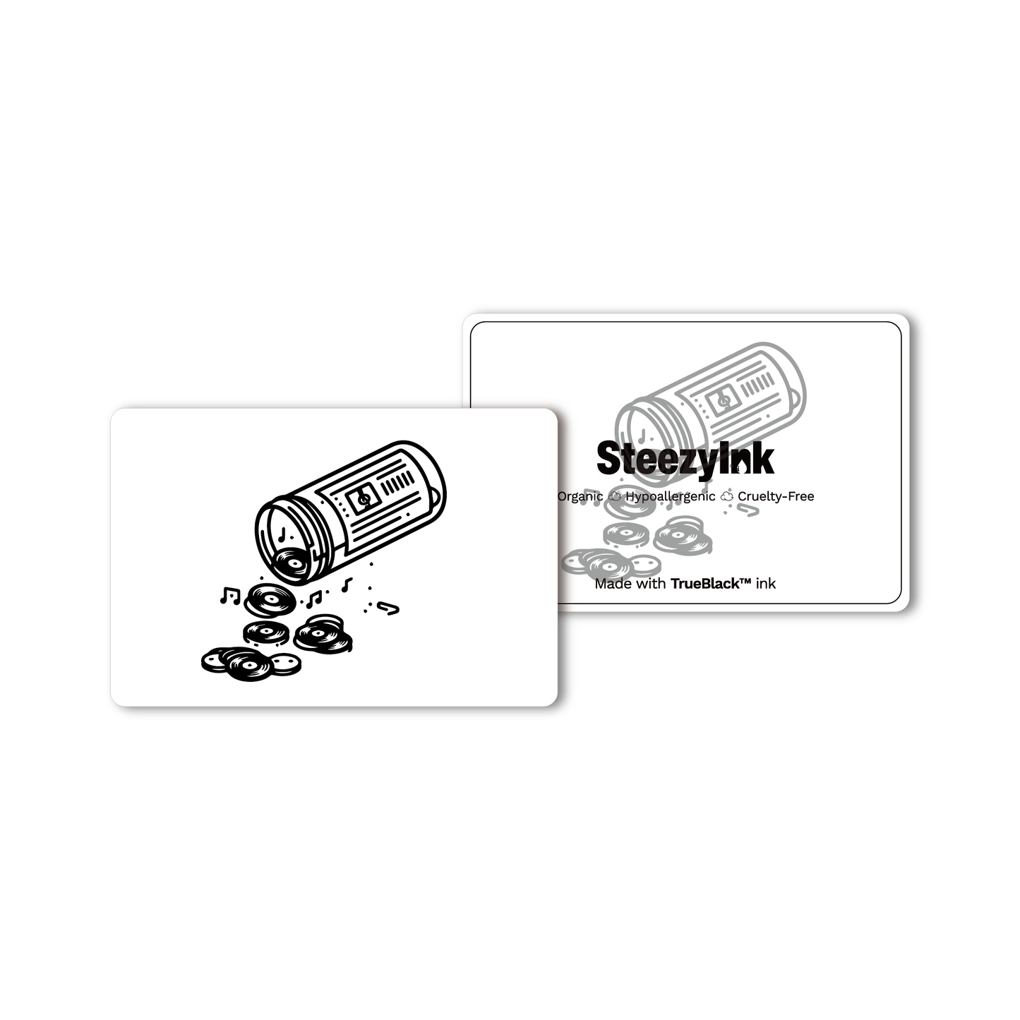 Musical Prescription Tattoo. Black and white tattoo design with vinyl records and music notes, with Pure Black Ink™.
