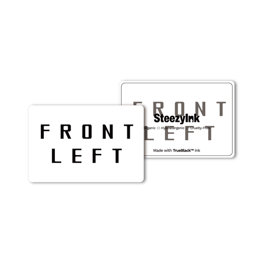 Front Left Temporary Tattoo design, black text on white background, made with Pure Black Ink™