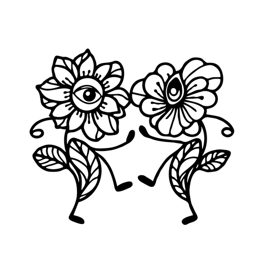 SteezyInk Petal Pulse temporary tattoo. Black and white dancing flower design with eye details.