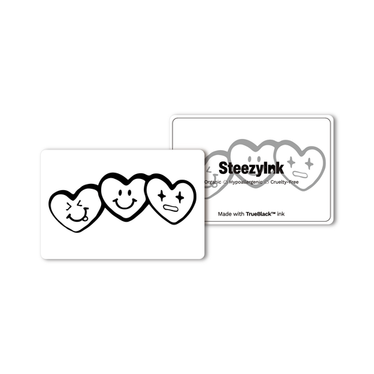 Festival Phases Temporary Tattoo design featuring hearts with emoji expressions, Made with Pure Black Ink™.