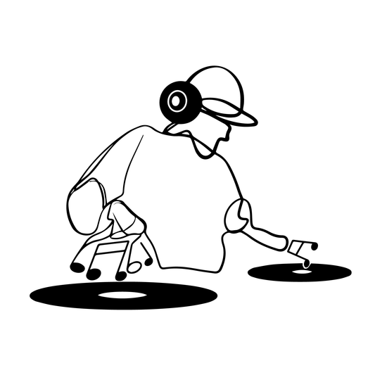 DJ design for SteezyInk DJ Vibes temporary tattoo. Black and white illustration of a DJ with headphones playing music.