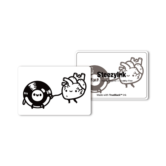 SteezyInk Heartbeats and Vinyl temporary tattoo. Black ink design on a white card. TrueBlack ink, hypoallergenic and organic.
