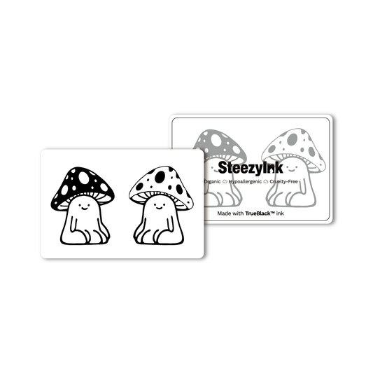 SteezyInk Shroom Mates temporary tattoo design in black and white, plant-based ink, skin-safe, playful mushroom art
