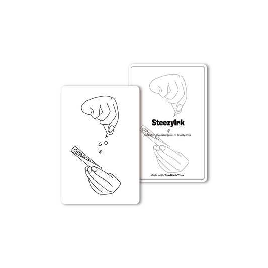 Smoked Opinion Temporary Tattoo design in a hand with "YOUR OPINION" text, made with Pure Black Ink™.