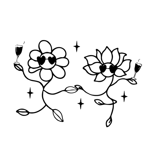 Blossom Buzz temporary tattoo design, groovy flowers with heart sunglasses and champagne glasses