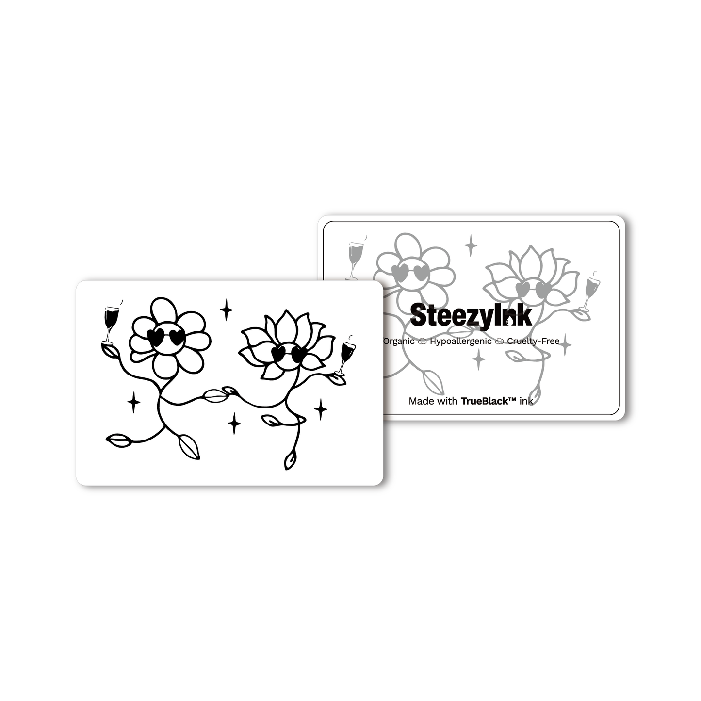 Blossom Buzz temporary tattoo, groovy flower design with sunglasses, made with Pure Black Ink™