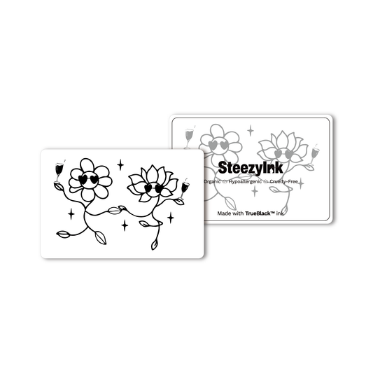 Blossom Buzz temporary tattoo, groovy flower design with sunglasses, made with Pure Black Ink™