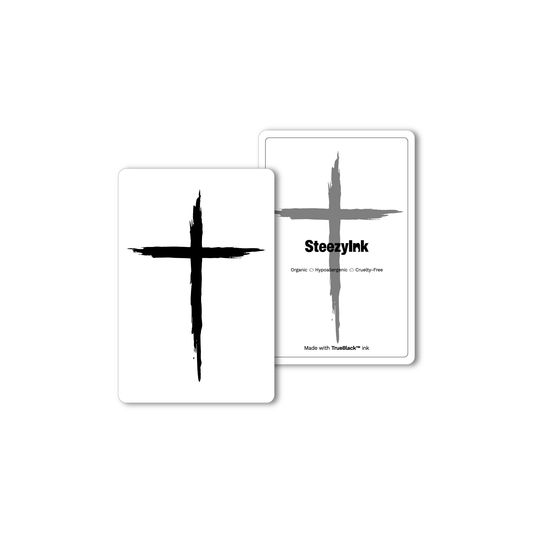 Cross Temporary Tattoo in Pure Black Ink™. Minimalist brushstroke design for temporary body art.