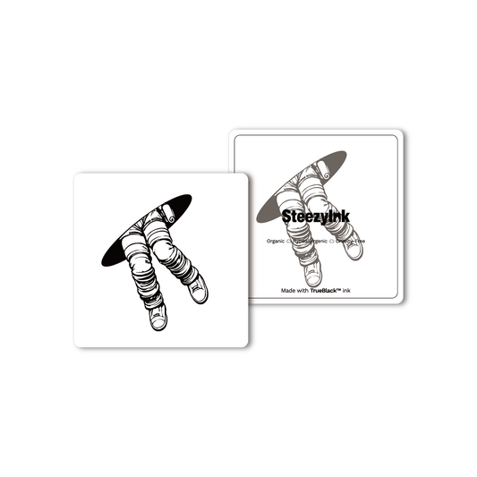 Portal Jumper temporary tattoo design, astronaut legs emerging, Pure Black Ink™, fashion-forward body art