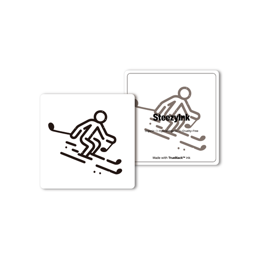 Snow Steez Temporary Tattoo featuring a skier design, Pure Black Ink™, and hypoallergenic properties.