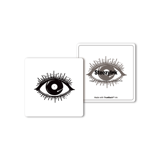 Vinyl Record Eye Tattoo. Semi-permanent, skin-safe art with Pure Black Ink™.