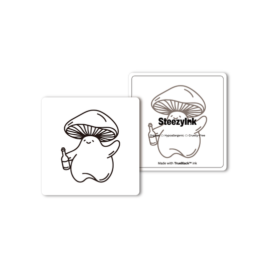 Spore of the Moment tattoo design: mushroom character holding bottle, Pure Black Ink™, organic
