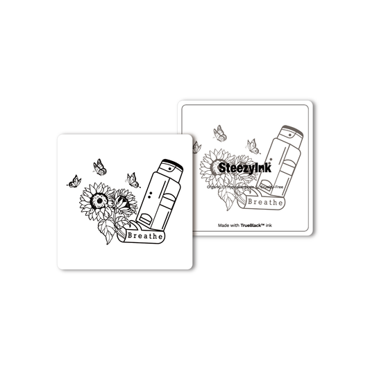 Breathe temporary tattoo design with sunflowers and inhaler, made with Pure Black Ink™, 1-2 weeks wear.
