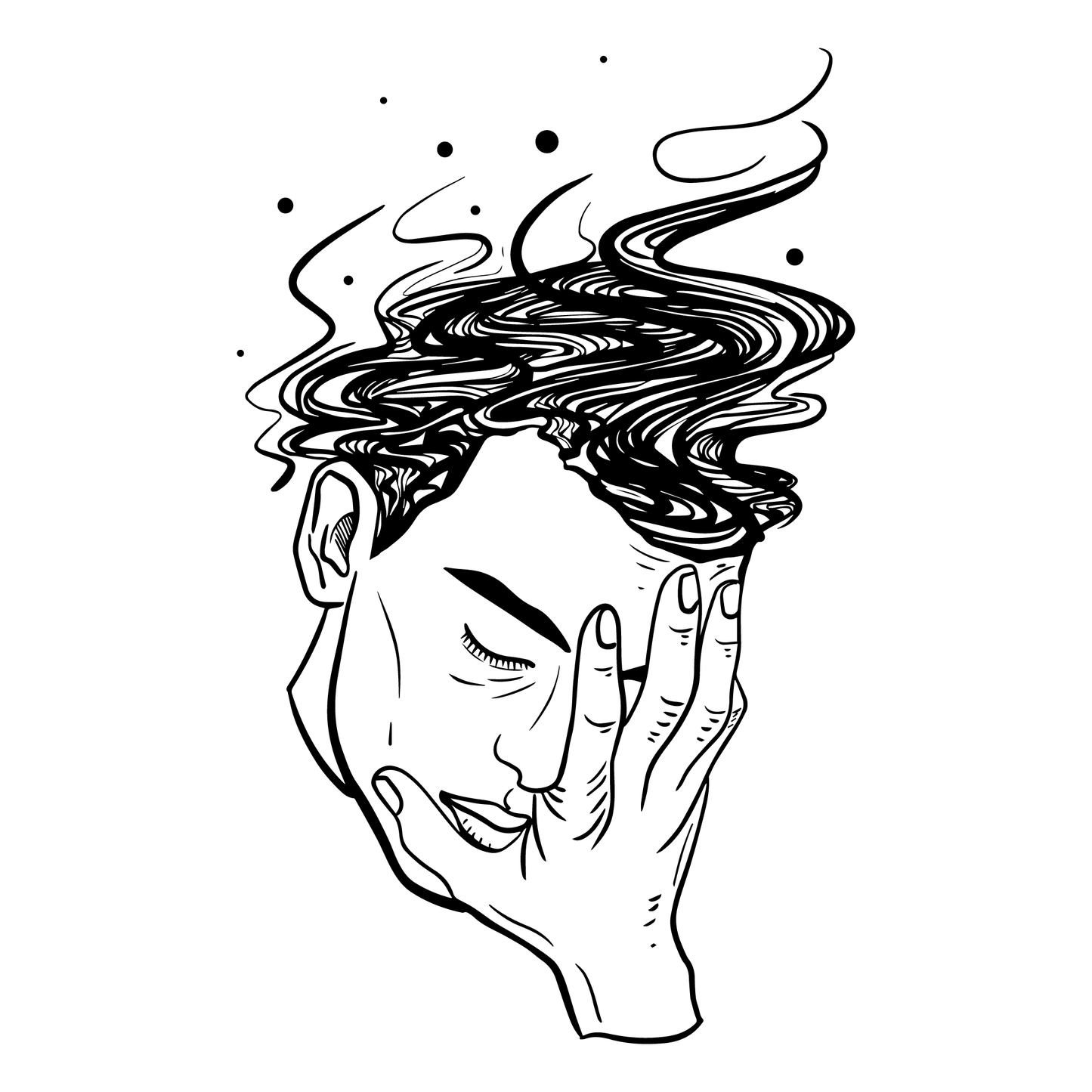 SteezyInk Mind Drift temporary tattoo design, black and white illustration of a person, thought bubbles.
