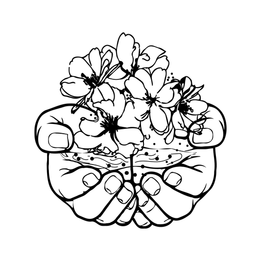 Hands of Nature temporary tattoo design, hand holding flowers, Pure Black Ink™