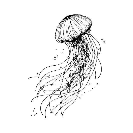 Black and white jellyfish temporary tattoo design for SteezyInk, representing flow and freedom