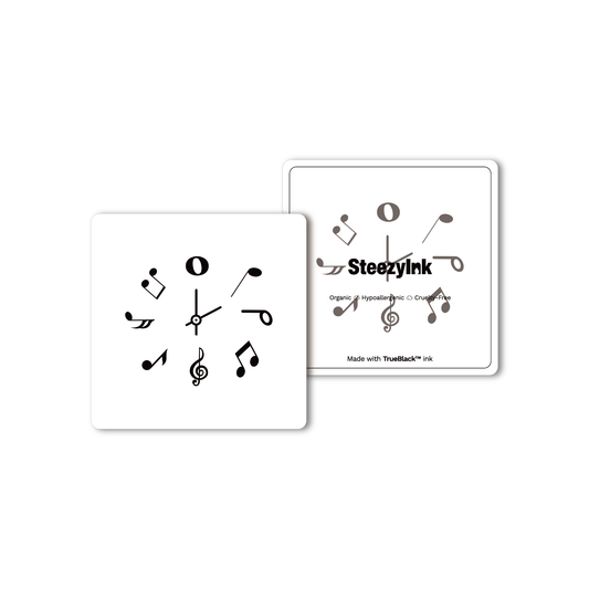 Tempo of Life temporary tattoo featuring clock design with music notes, Pure Black Ink™