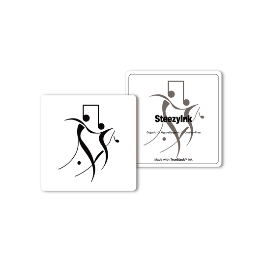 Dancing Notes temporary tattoo design, made with Pure Black Ink™, highlighting music and dance elements.