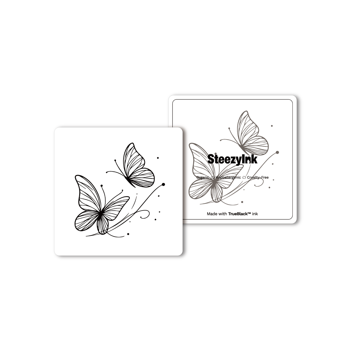 Twin Wings Temporary Tattoo product shot, black butterfly design, Pure Black Ink™, 1-2 week wear.