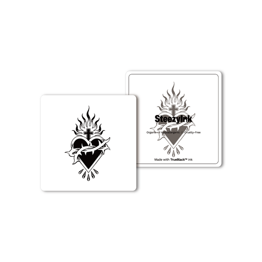 Religious Pack Temporary Tattoo Set: Sacred Heart design temporary tattoo, black ink, by SteezyInk.